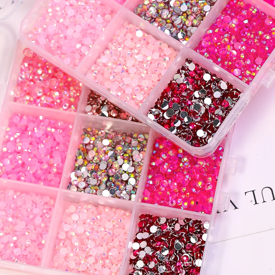 9 Grids 3D Pink Aurora Nail Rhinestone Kit, Mixed Round Flatback Crystal Gems for Nail Art & DIY Craft
