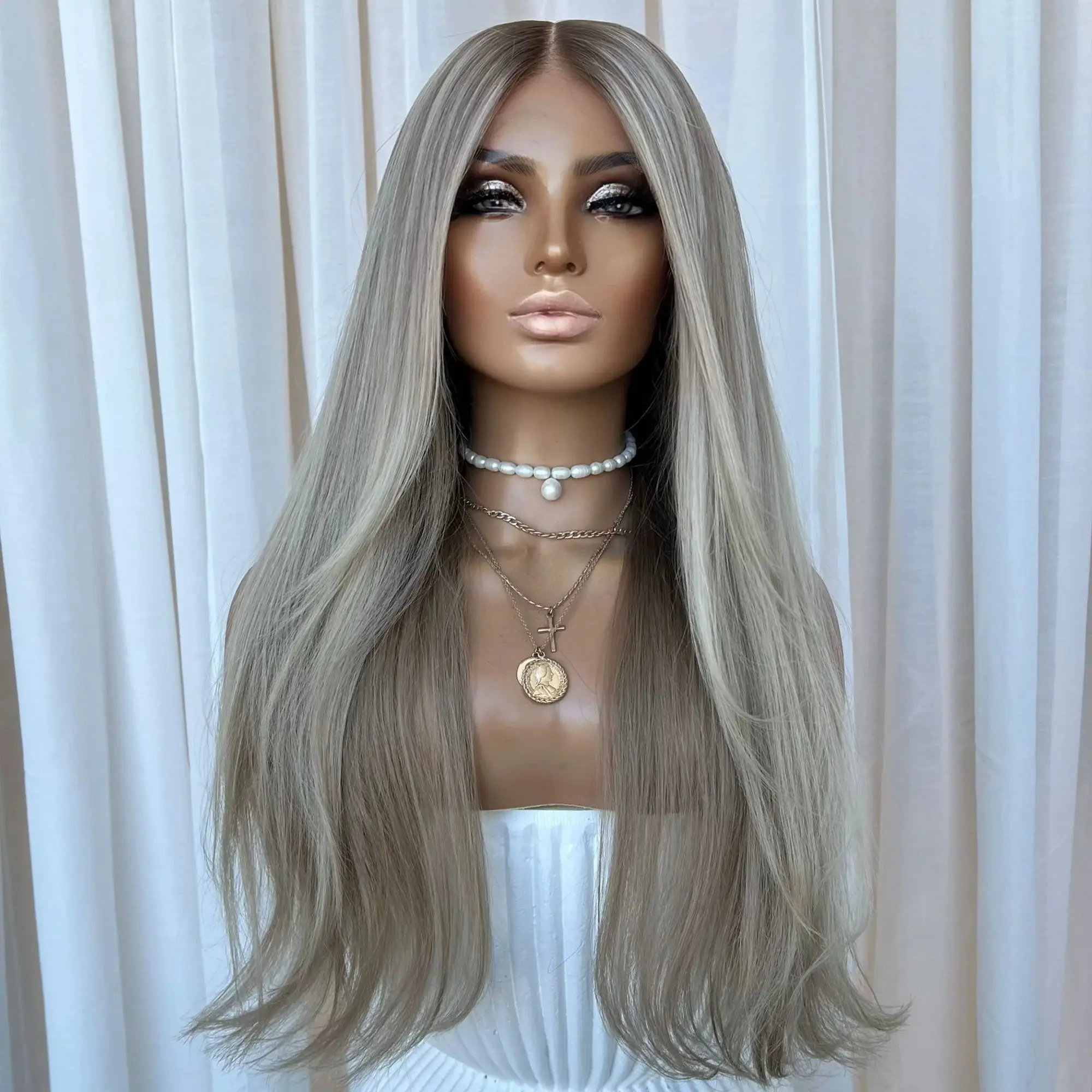 Long Natural Straight Middle Part Ombre Sliver Blonde Luxury Synthetic Lace Front Wig with Dark Roots Preplucked Hairline Hair
