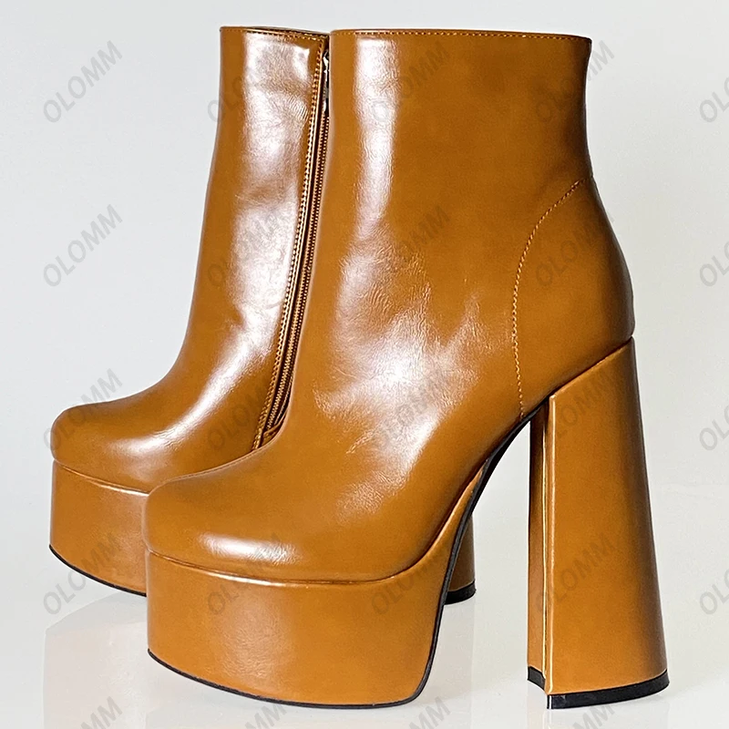 

Olomm New Arrival Women Platform Winter Ankle Boots Chunky Heels Round Toe Fabulous Black Party Shoes Plus Size 35 43 45 47
