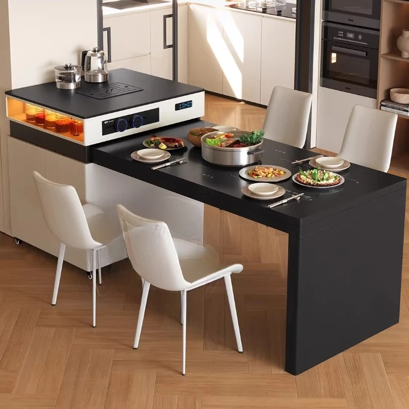 Medieval Island Dining Table Integrated Retractable Household with Induction Cooker Pure Black Rock Slab Modern