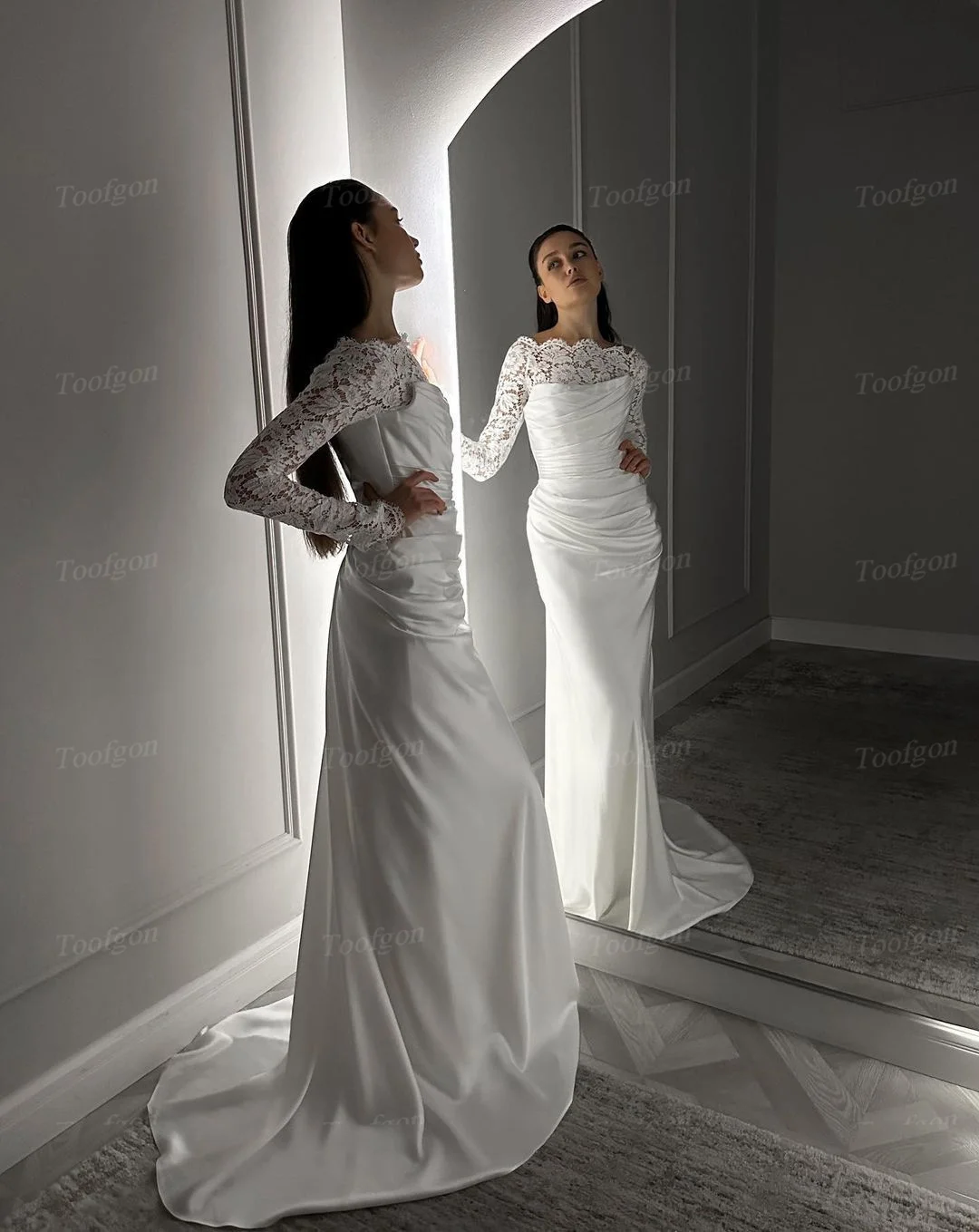 Toofgon Vintage Sheath Satin Wedding Dresses For  Korea Bride Lace Long Sleeves Pleated Formal Wedding Party Gowns Bridal Gowns