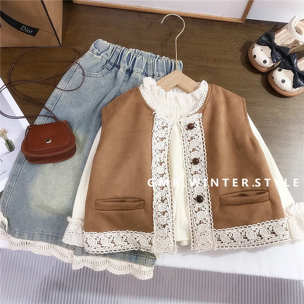 Girls' Lace Splicing Faux Suede Vest Autumn Petal Sleeve Turtleneck Undershirt Fashion Children's Elastic Waist Denim Pants