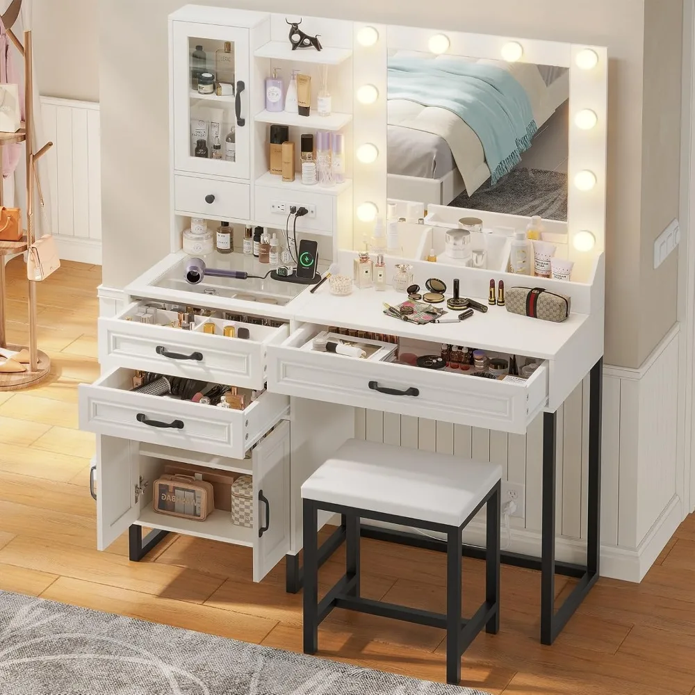 Makeup Vanity Desk with Mirror and Lights & Stool, Glass Top Vanity Table Set with Charging Station, 4 Stoarge Drawers & Double image 3