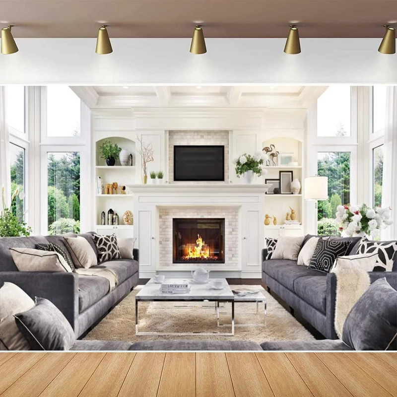 Fondo de fotografía para sala de estar, chimenea de Navidad, casa moderna, fondo de ventana Interior, retrato de despedida de soltera, póster para sesión de fotos