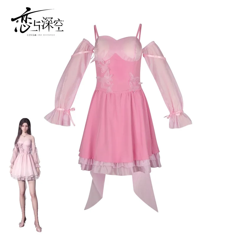 

2025 Anime Game Love and Deepspace Cos Enchanting Dreams Rippling Hearts Unisex Pink Dress Necklace and Sleeve Set Costume