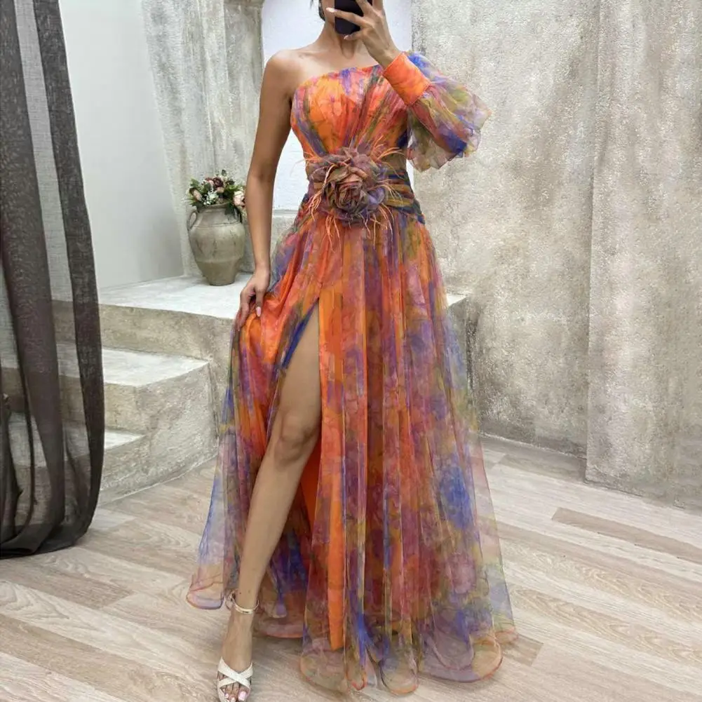 

Tie-dye Print Off-shoulder Dress Elegant One Shoulder Ball Gown with Tie-dye Flower Print Mesh Bubble Sleeves Women's Floor