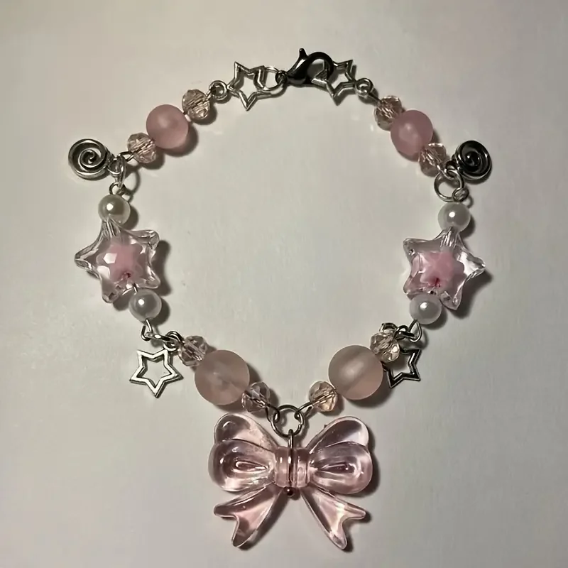 Charming Pink Star & Bow Beaded Bracelet , Cute Zinc Alloy Friendship Jewelry for Girls