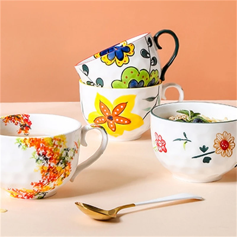 Cute Relief Printed Breakfast Cup Hand-Painted Underglaze Ceramic Creative Milk Cup Afternoon Tea Coffee Oat Cup 540ML