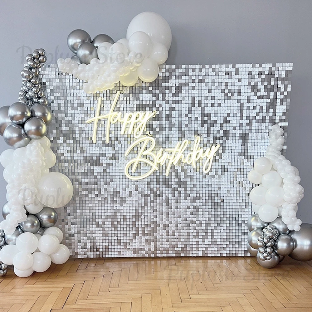 

Серебряный мерцающий настенный фон 12/18/24 шт. квадратный блесток ПВХ серебряный фон панель для свадьбы, годовщины, дня рождения, декора