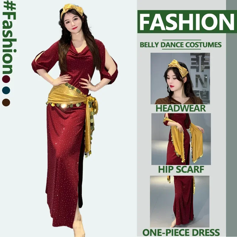 Buikdanskostuum Vrouwelijke Volwassen Sexy Mode Glitter Jurk + Hoofddoek + Taille Sjaal 3PC Set Halloween Prestaties Exotisch kostuum