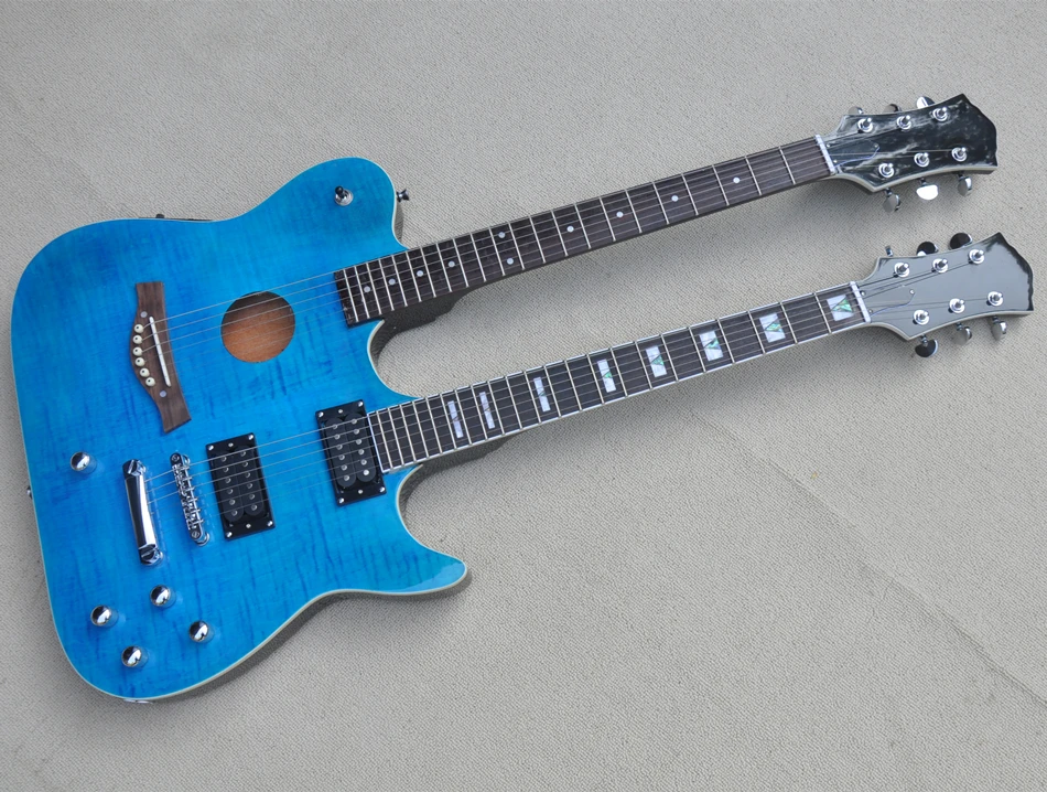 Double Neck 6+6 String Blue Body Electric Guitar with Flame Maple Veneer,Offer Customize