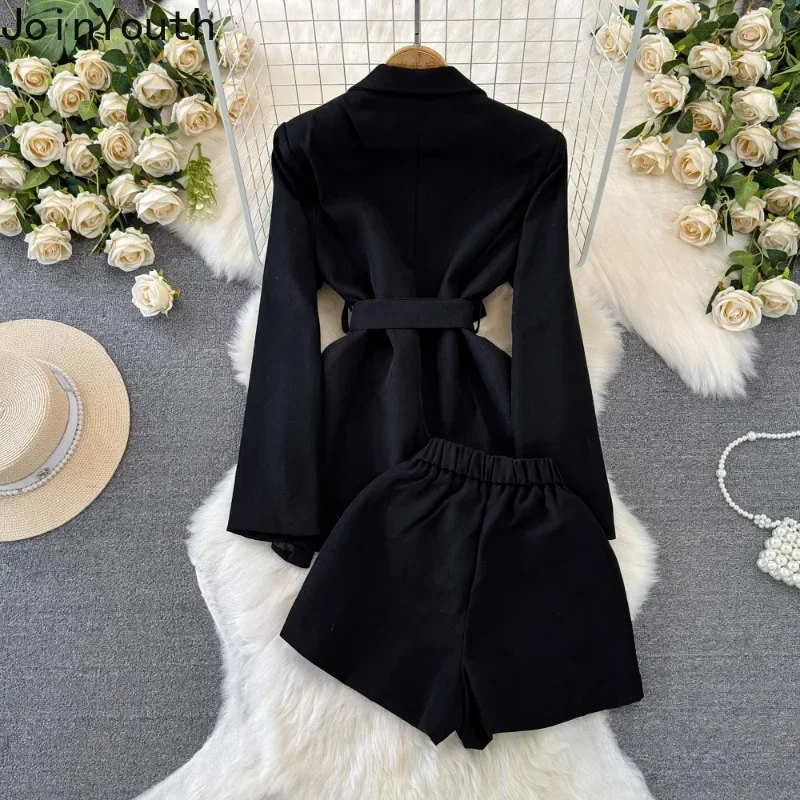 Fashion Suit Two Piece Set Women Clothing Vintage Slim Waist Temperament Coat High Waist Shorts Outfits Korean Sets Roupas Femme