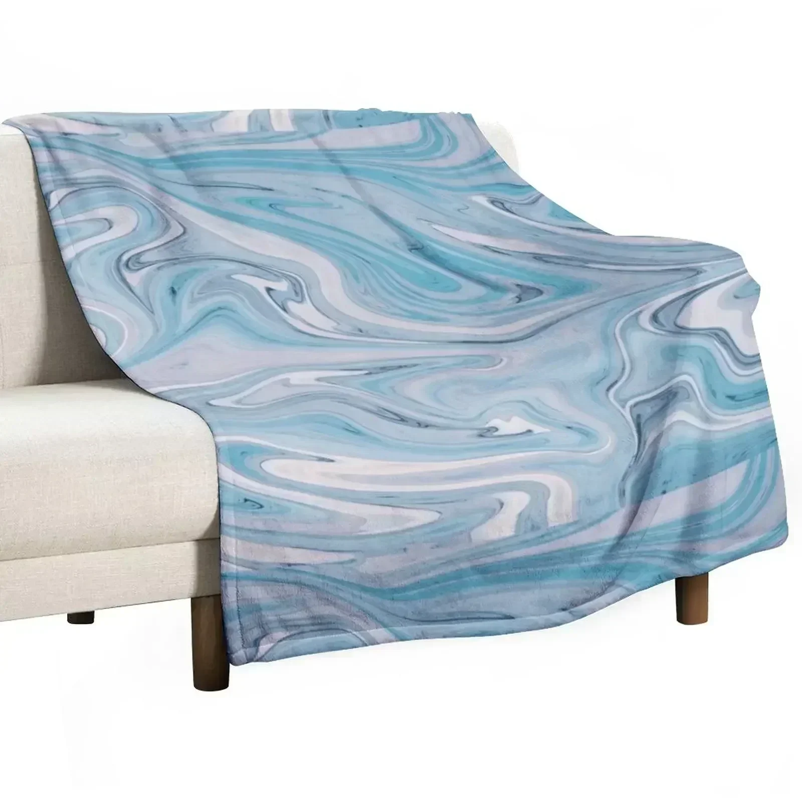 Aqua Blue Watercolor Liquid Marble Throw Blanket for sofa Baby decorative Retros Summer Beddings warm winter Blankets