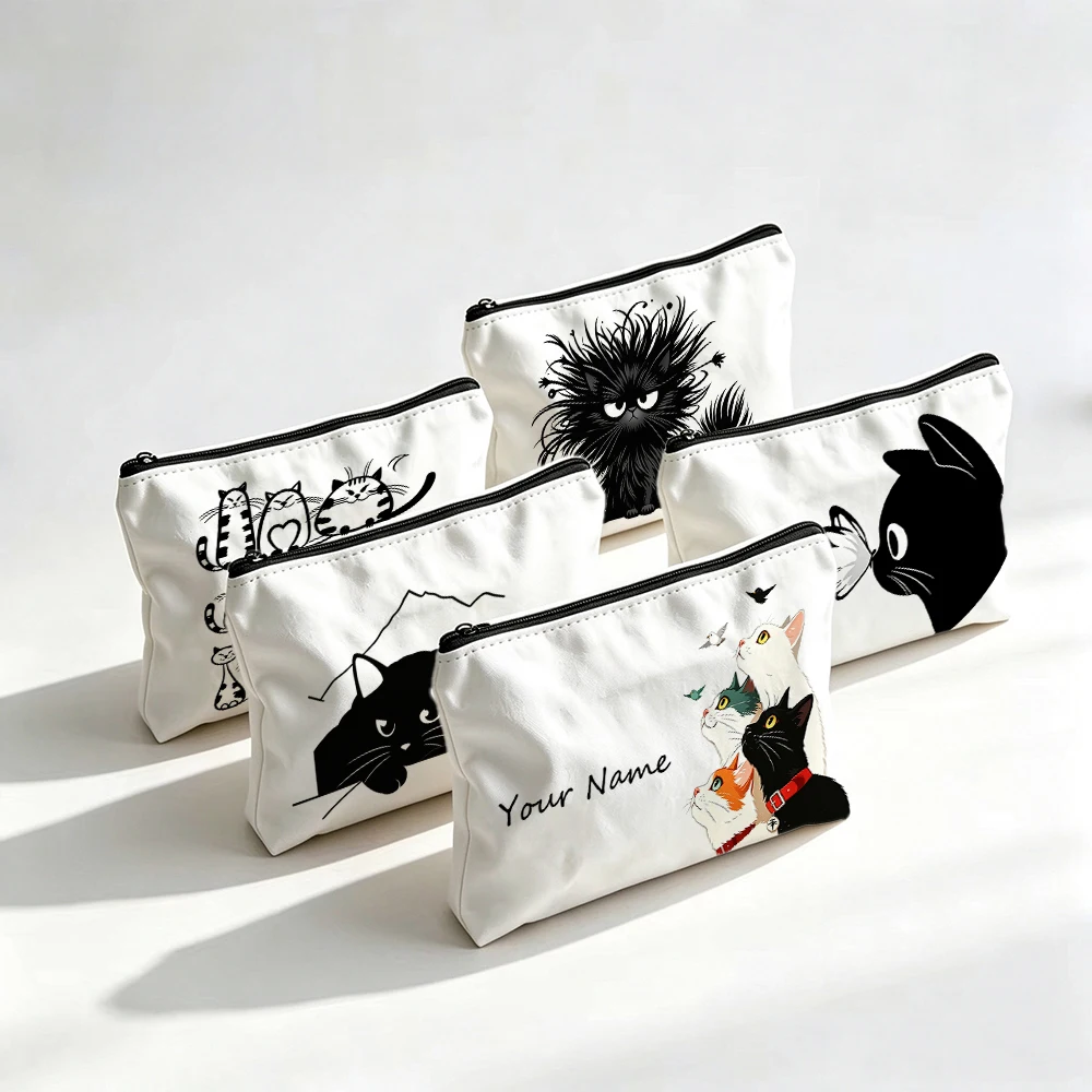 Halloween Black Cats Makeup Bag Personalized Custom Name Cute Kitten Spooky Cosmetic Pouch with Lining for Women Travel Toiletry