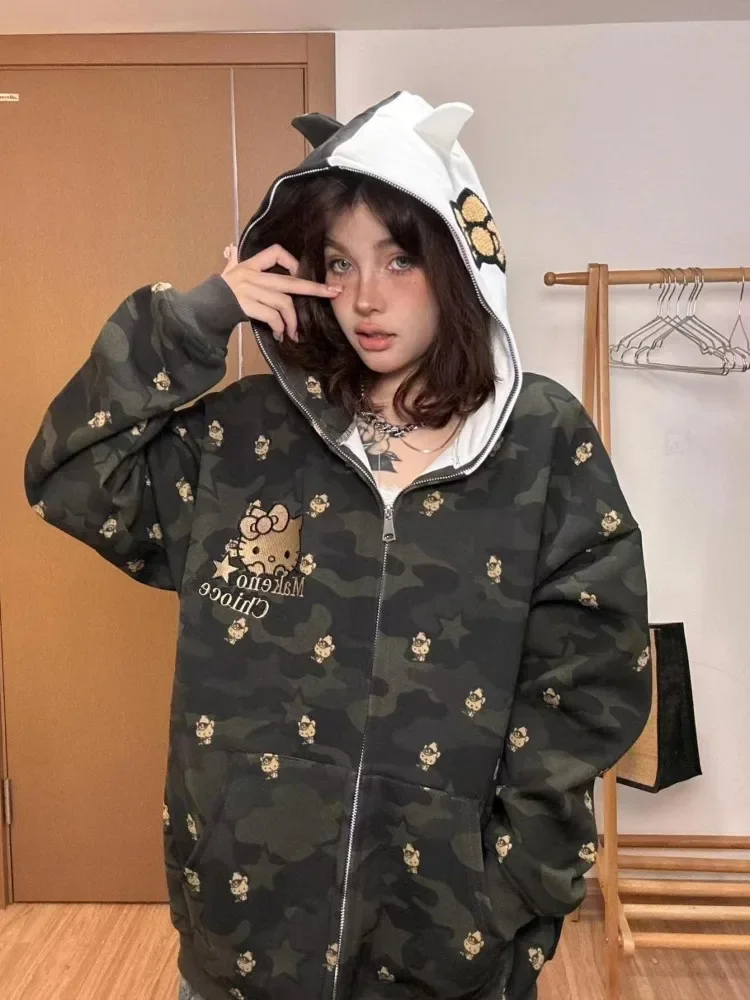 Sanrio HOT Hello Kitty Fashion Trend Hoodie Zipper Long Sleeve Sweater Cute Cartoon Spring Autumn Hooded Jacket Sweatshirts Gift