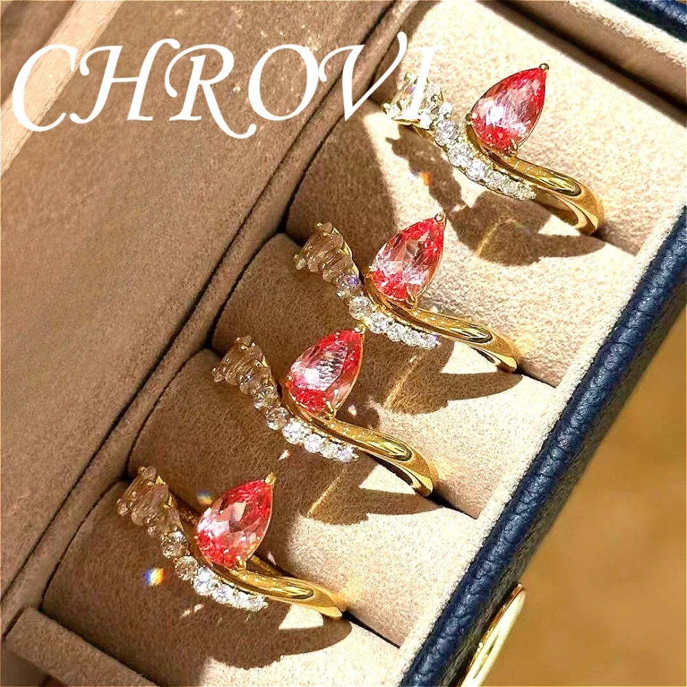 Sweet 925 sterling silver teardrop pink pav diamond ring, light luxury sparkling pink zircon wedding ring for women
