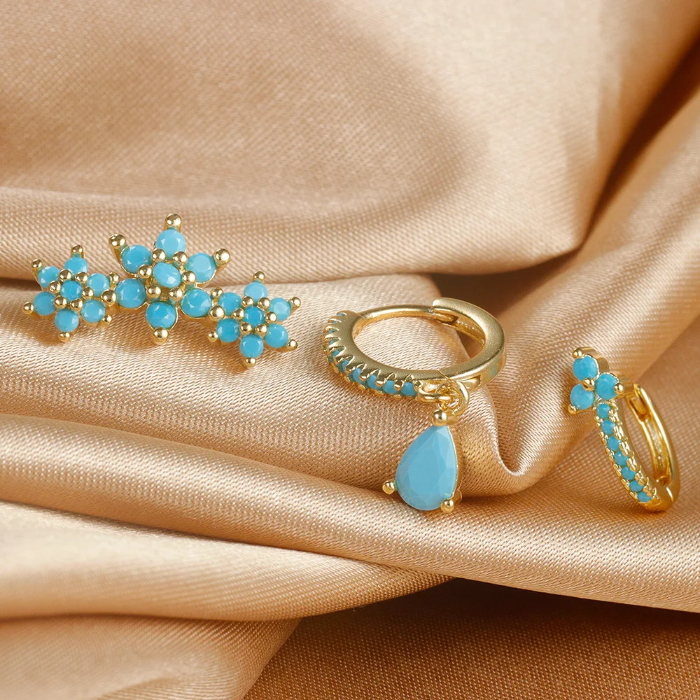 ชุดต่างหูห่วงสแตนเลส3ชิ้นสำหรับผู้หญิงต่างหูแบบเจาะสีฟ้าเพชรสังเคราะห์สีทองเครื่องประดับแบบเจาะกระดูกอ่อน