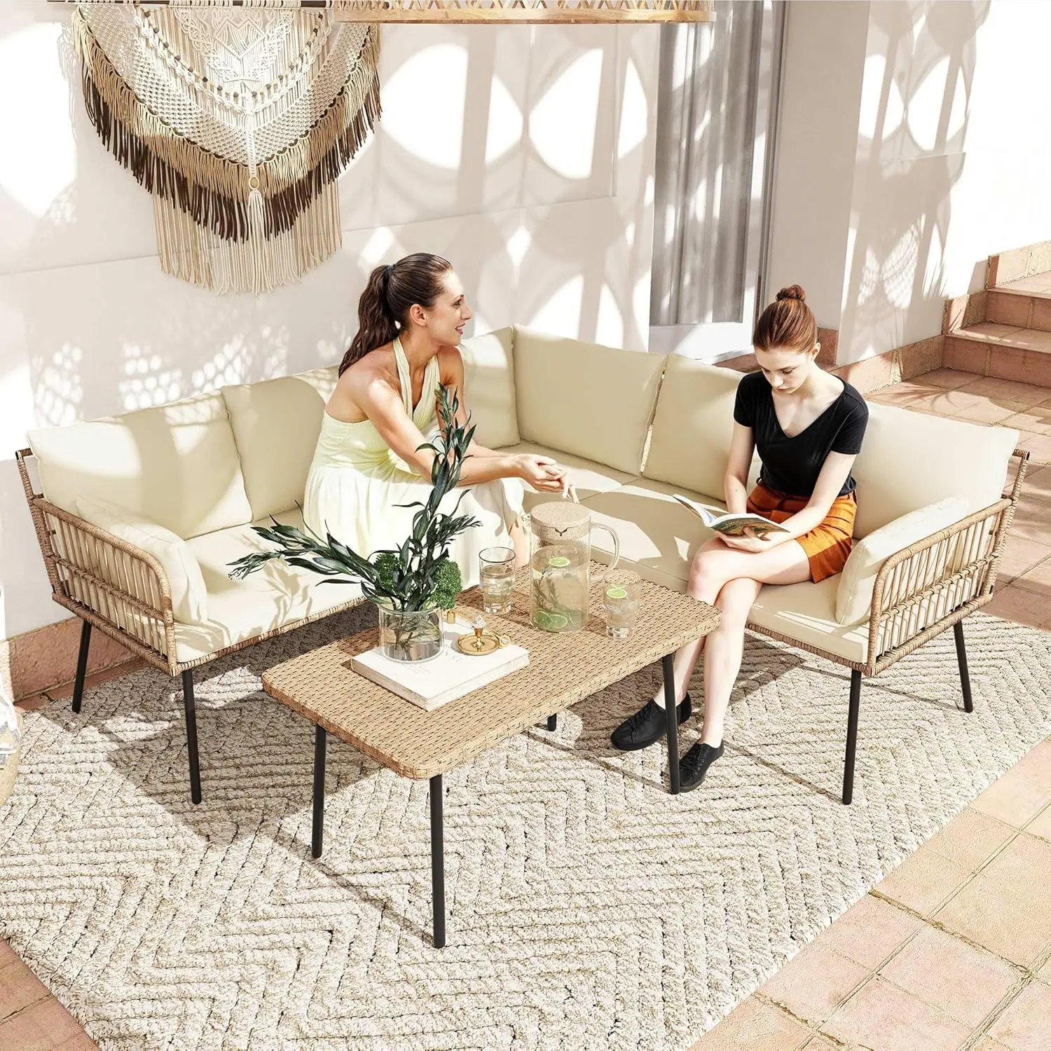 4 Pieces Patio Furniture Set, Outdoor Rattan Woven Patio Conversation Set Sectional L-Shaped Sofa with 5 Seater,with Cushions