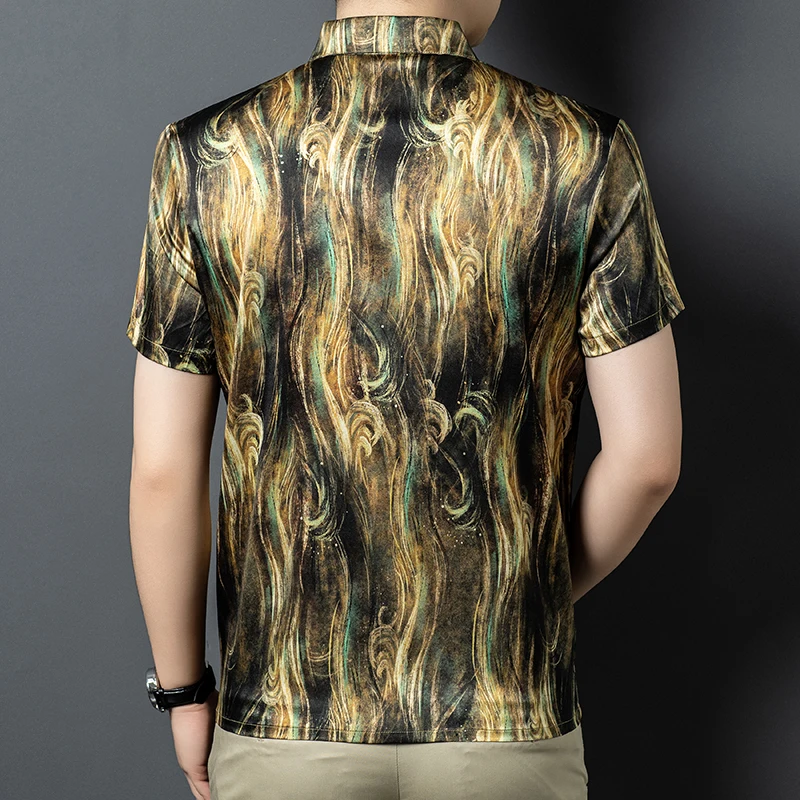 Golden Print Trendy Polo Shirts For Men Short Sleeve Luxurious Summer Quality Natural Real Silk Soft Comfortable Polos De Hombre