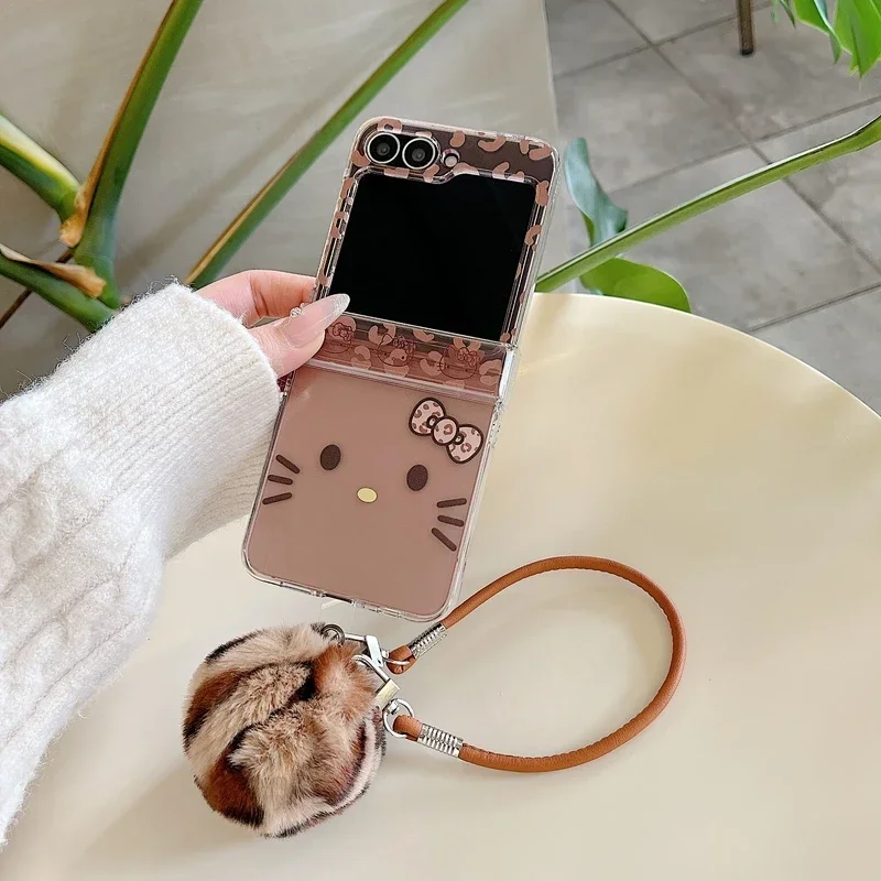 Cute cartoon Sanrio Hello Kitty Leopard Print Phone Case For Samsung Galaxy Z Flip 6 5 4 3 Cases Soft TPU Cover With Lanyard