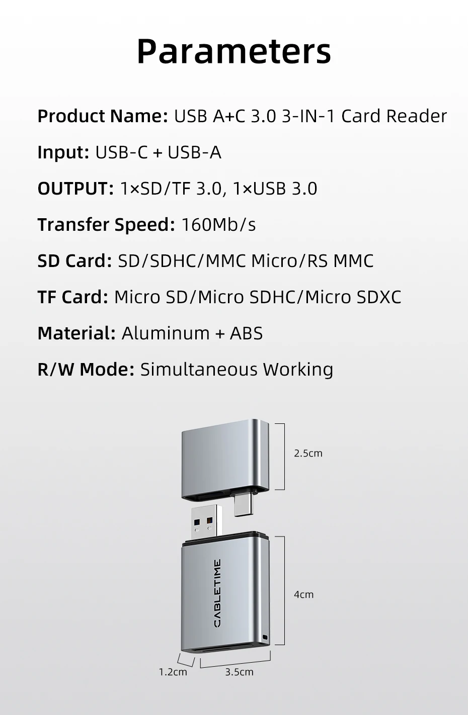 CABLETIME SD4.0 Kartenleser 3 IN 1 312 MB/s 5 Gbit/s USB A & USB C auf SD/TF Speicherkartenadapter für Laptop, Telefon, MacBook – Detail 28
