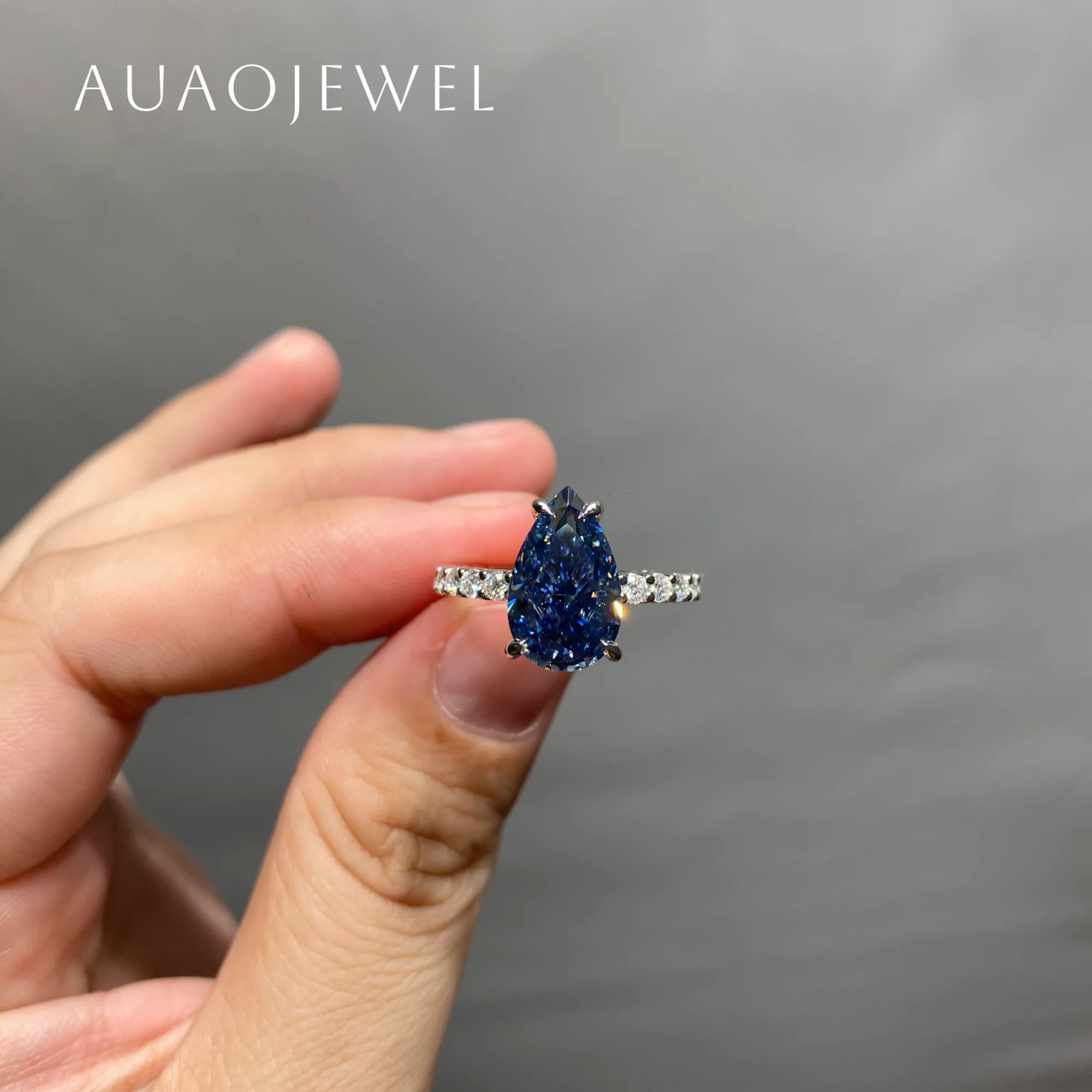 AUAOJEWEL Moissanite Pear Ring Blue Gemstones Sterling Silver 925 14k 18k Gold Engagement Ring For Women Jewellery Luxury Gift