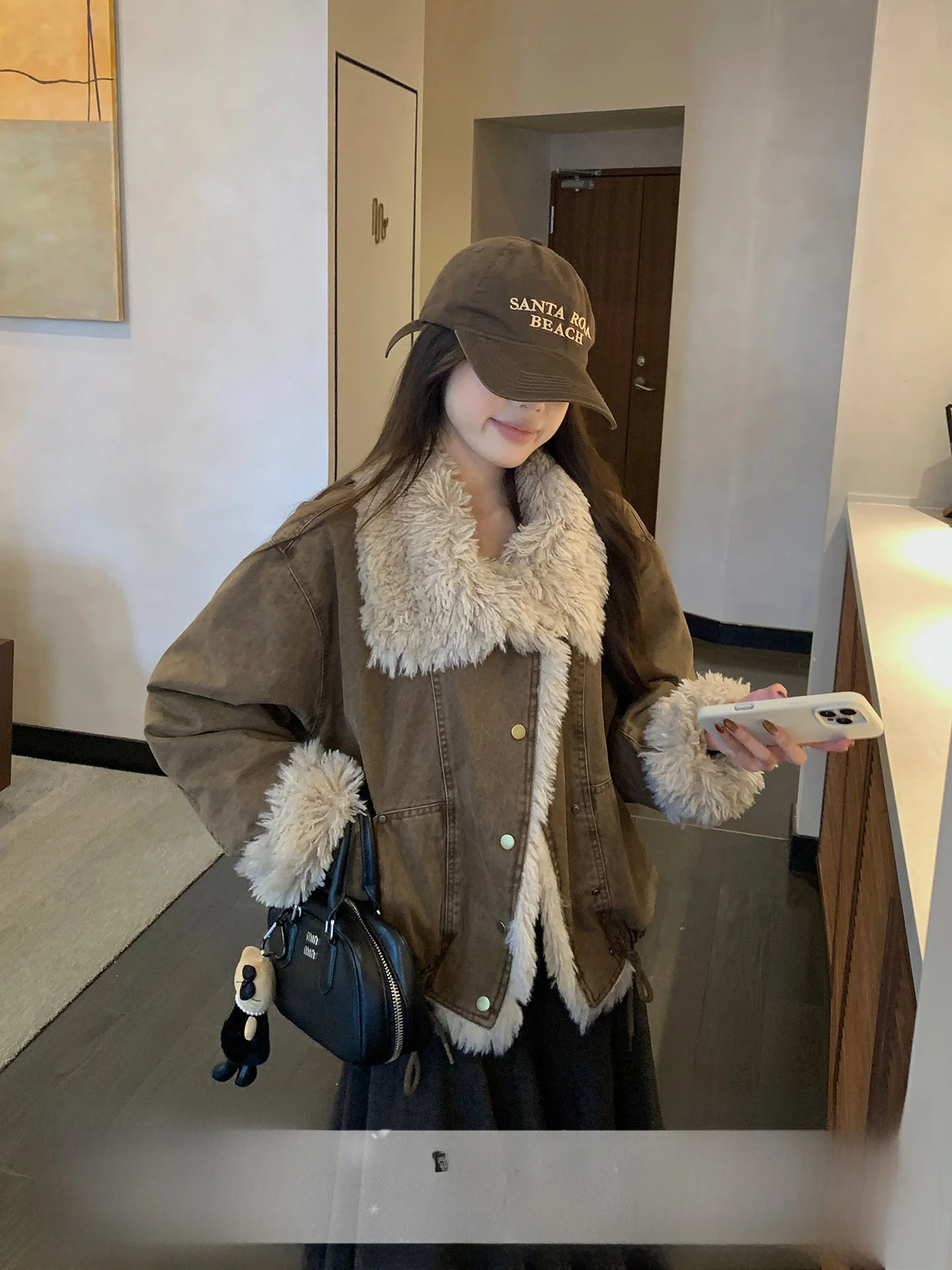 

Women's Thiened Faux Lamb Fur Collar Parka Coat Vintage Sle Warm Cotton Polyester Blend ort Outerwear Jaet