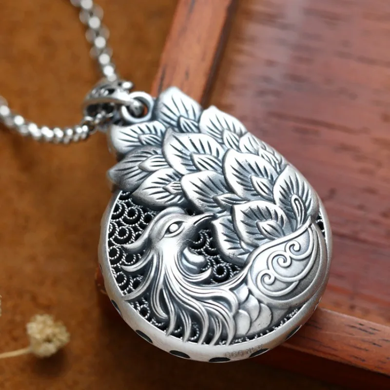 Peacock Vintage Double Sided 925 Silver Pendant Ethnic Style Floral  Embossed Exquisitely Carved Necklace Keel Chains Jewelry