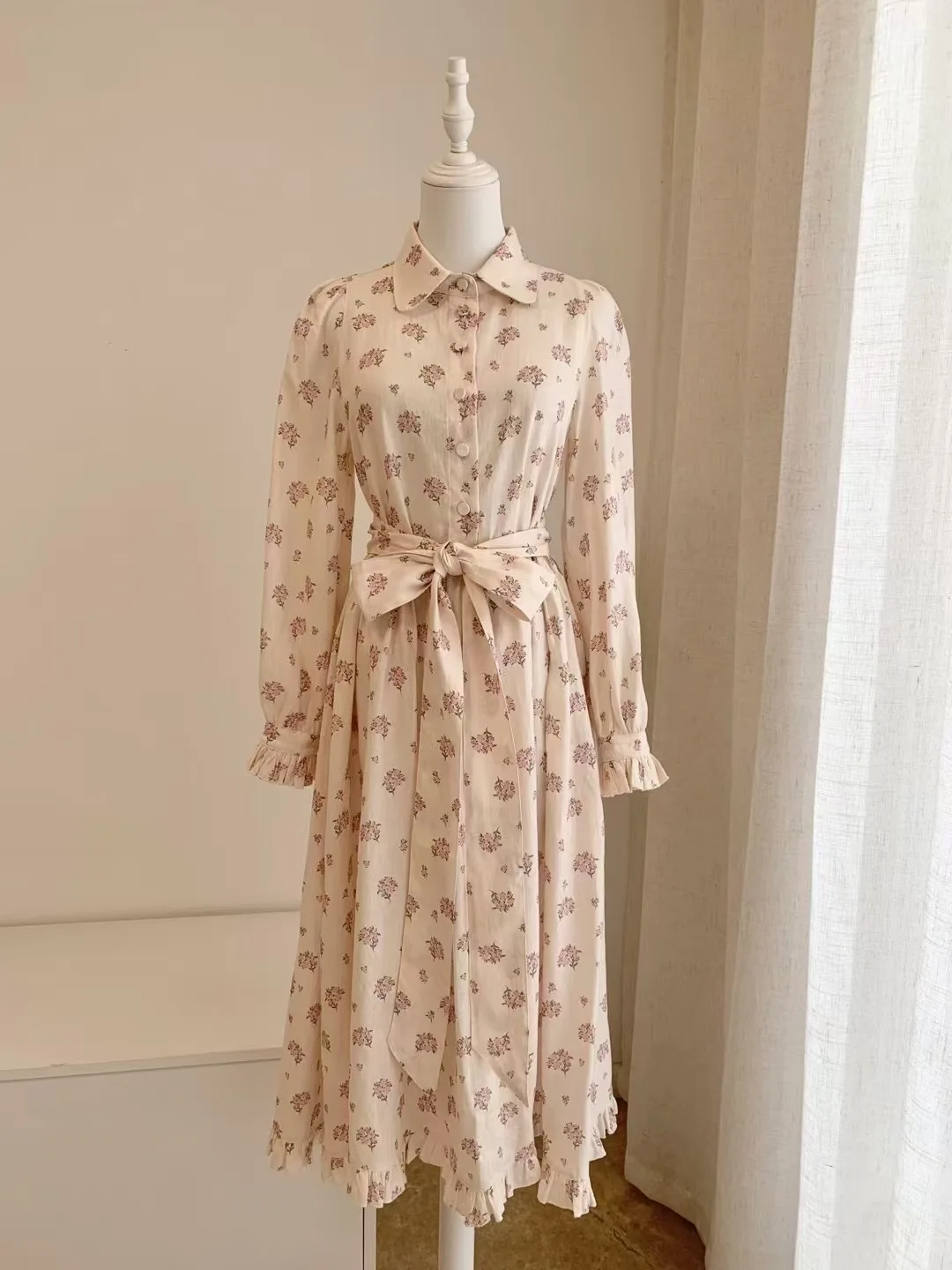 Women's Floral 100% Linen Printed Lapel Long Sleeve Ruffle Sewn Tie Waist Dress