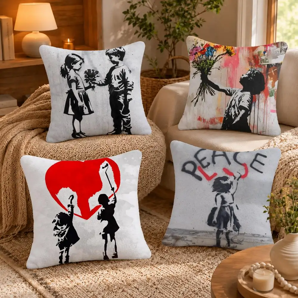 Artist Banksy Cushion Cover Short-Plush Cushion Cover Pillowcase — Suitable for Sofas Bedrooms and Home Decor