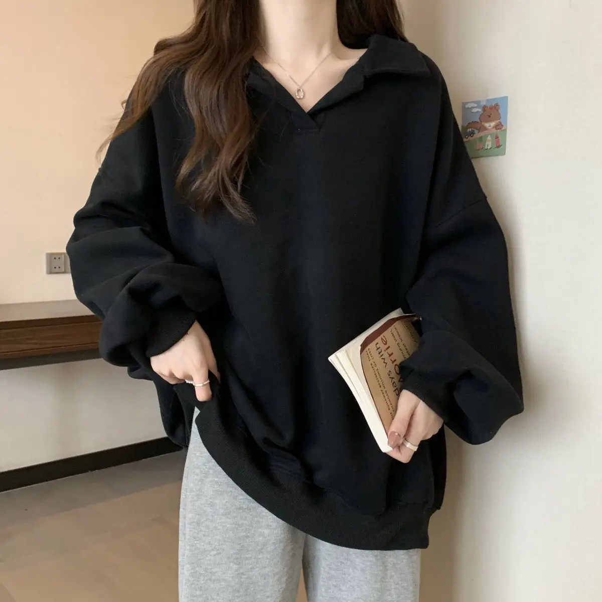 Damen-Herbst-Winter-Hoodie mit lockerer Passform und Polokragen, schmal geschnitten, stilvoll, passend zu allen Farben, einfarbig, langärmlig