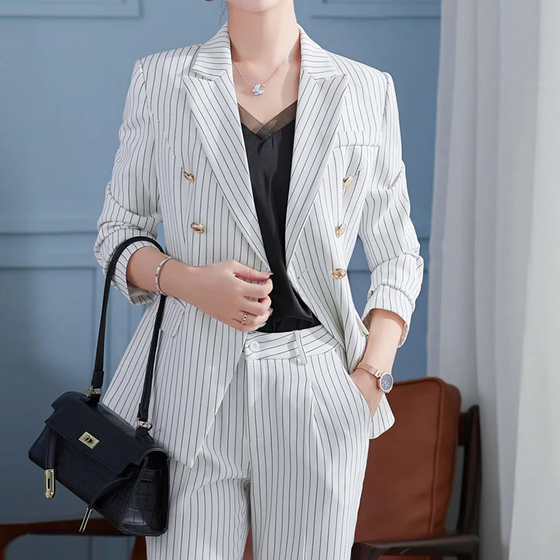 Completo da donna Vintage con risvolto a righe Blazer e pantaloni Set da due pezzi abbigliamento da lavoro formale a maniche lunghe da donna 2024 primavera autunno