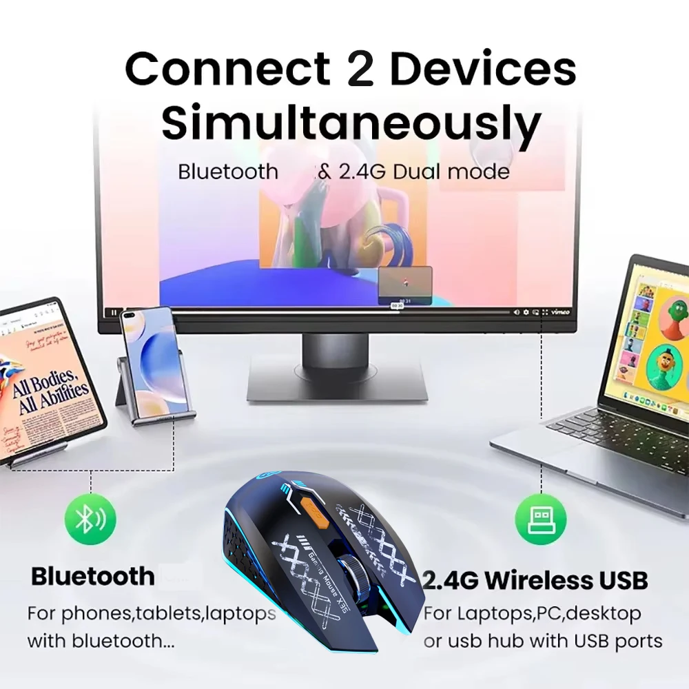 Bluetooth 5.4 마우스 2.4G 무선 마우스 RGB 백라이트 듀얼 모드 충전식 무음 마우스 게임용 마우스 PC 노트북 용 1600 인치 당 점 마우스 Bluetooth 5.4 Mouse 2.4G Wireless Mouse RGB Backlit Dual-mode Rechargeable Silent Mice