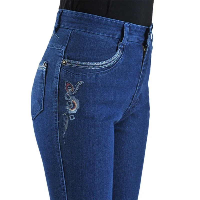 2025 Casual Pants Women Summer Jeans Elasticity Straight Pants Embroidery Middle-Aged Female High Waist Denim Pants 2655