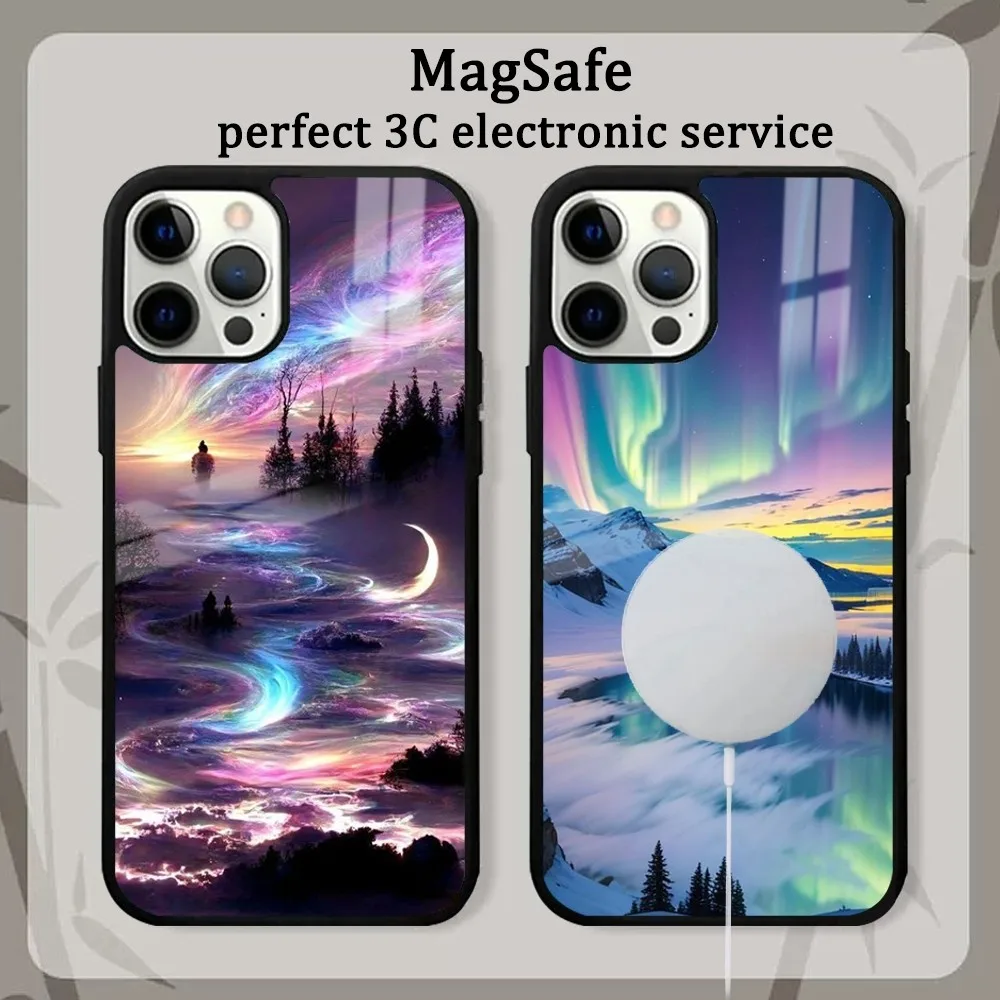 Beautiful northern lights Phone Case For iPhone 15 14 13 12 11 Pro Max Plus Mini Mirror Magnetic Cover