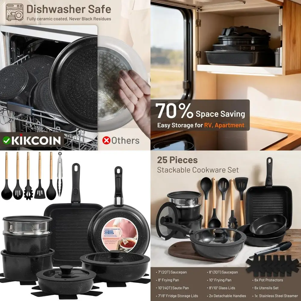 

25-Piece Stackable Nonstick Cookware Set with Detachable Handles for RV, Induction & Oven Safe, PFOA-Free