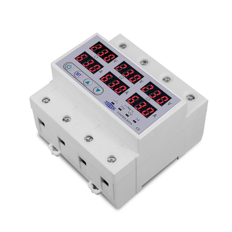 TOMZN Din Rail 3 Phase Voltage Relay 3P+N Voltmeter Ammeter Over And Under Voltage Monitor Relays Protector 63A 230V With N