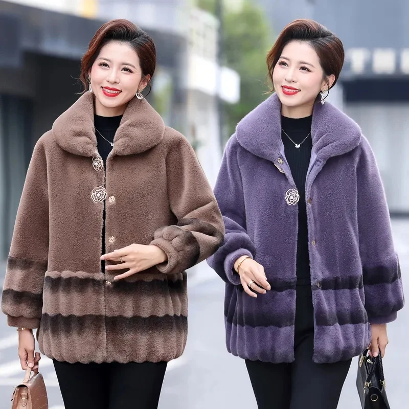 Fall/Winter Mink Velvet Coat Female Mother2023New Fashion Outwear Middle-Aged Elderly Women Overcoat Long Add Cotton Wool Jacket