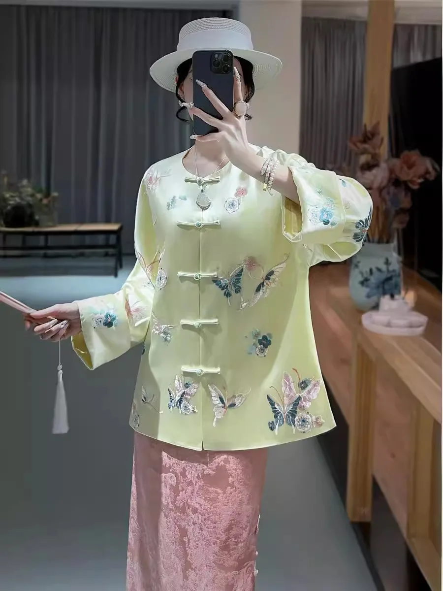 

High-end Satin Acetate Women Jacket Top Embroidery Butterflies Tang Suit Elegant Lady Loose Coat Female S-XXL