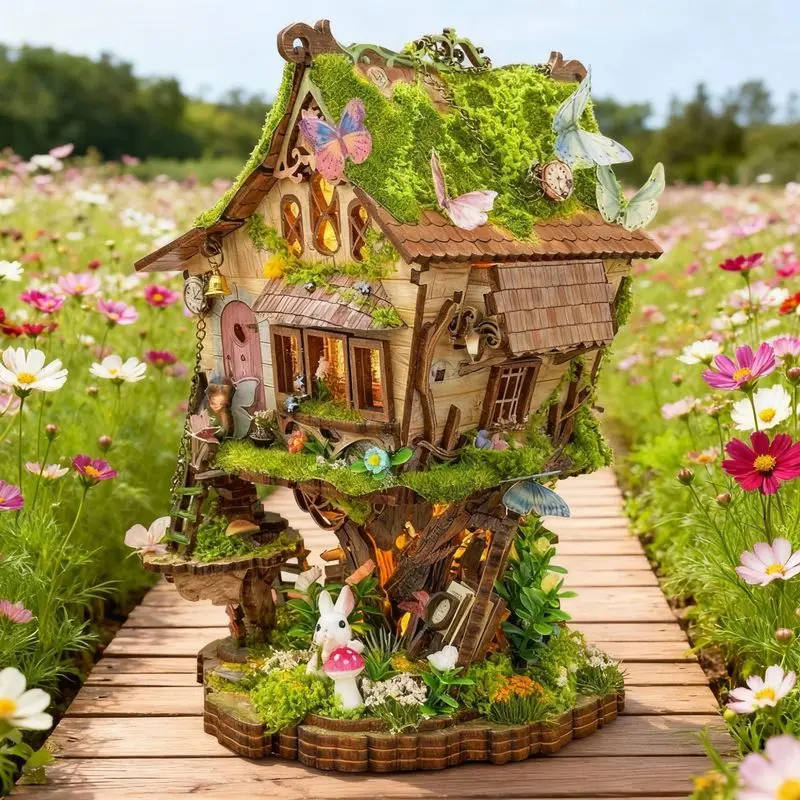 Holz Diy Rowan'S Treehouse Puppenhäuser Figuren mit Licht Miniaturen montiert Casa für Home Decor Freunde Geburtstagsgeschenke