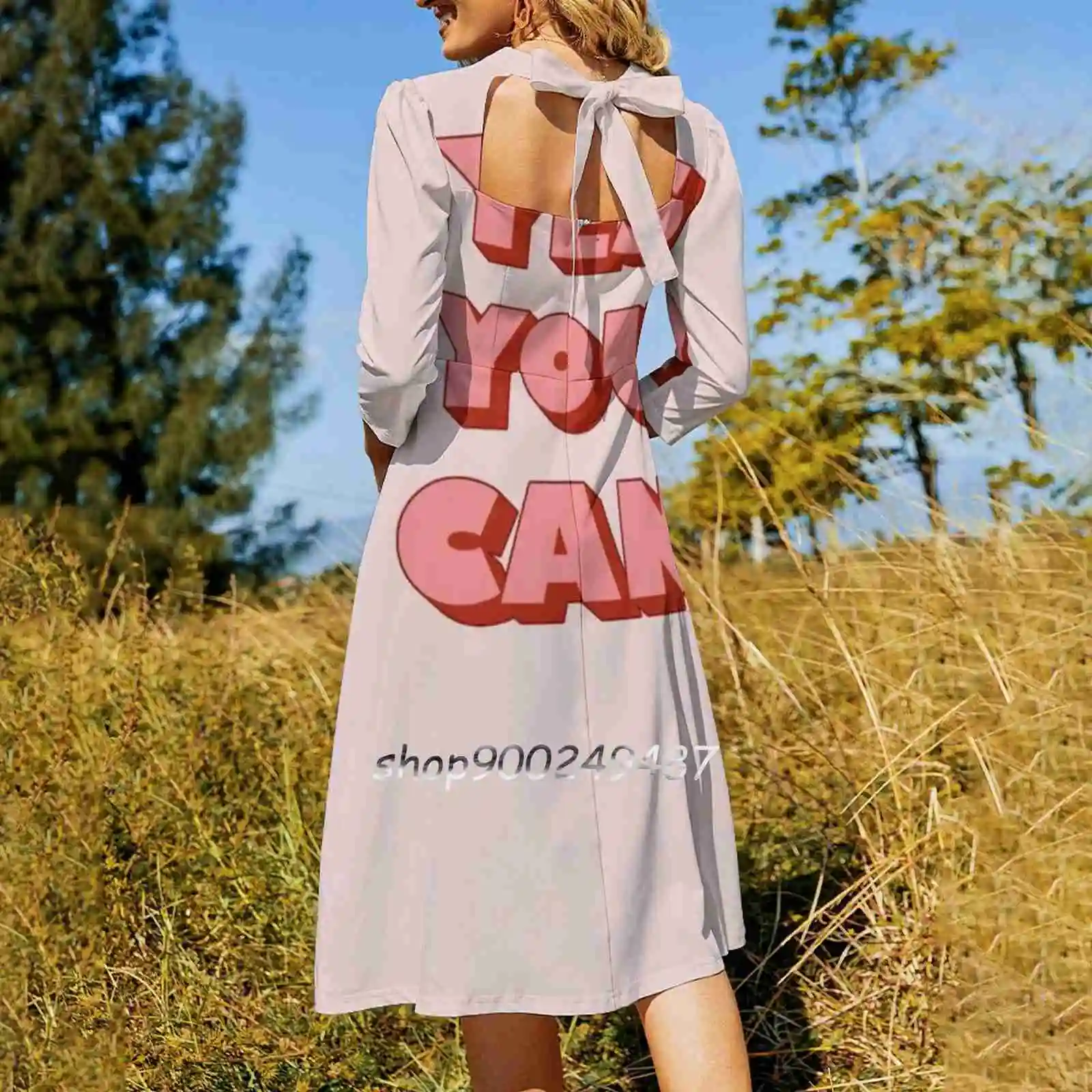 Yes You Can Square Neck Dress Cute Loose Print Dresses Elegant Beach Party Dress Motivational Quote Typography Word Art Type