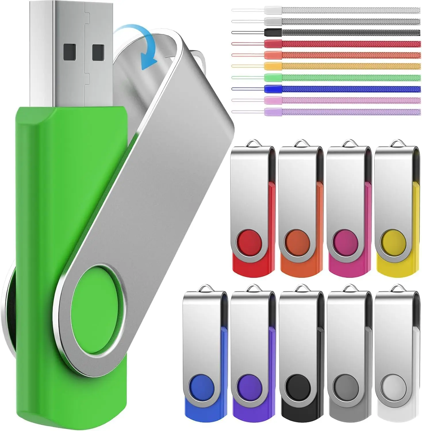 64GB Flash Drive 10 Pack, High Capacity Multicolor USB 2.0 Thumb Drives, Metal Swivel Design, Bulk Data Storage