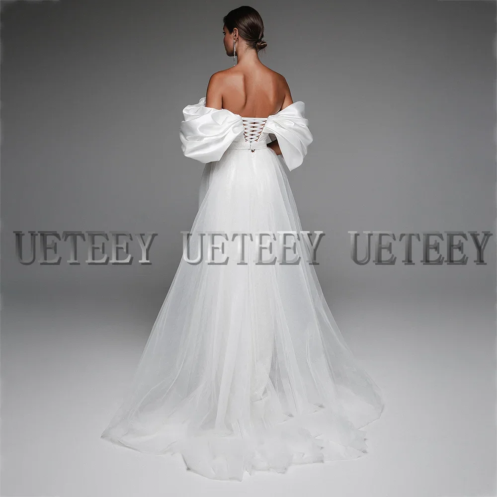 Vestido de novia personalizado con hombros descubiertos, vestidos de fiesta de boda de manga corta de satén, vestido de fiesta largo elegante para mujer con cordones en la espalda