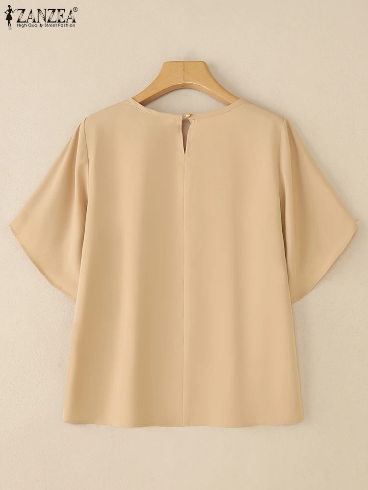 بلوزات نسائية أنيقة للعمل OL قميص مكتب صيفي من ZANZEA سترة أنيقة متينة للسيدات بأكمام قصيرة ورقبة دائرية بلوزات فضفاضة غير رسمية