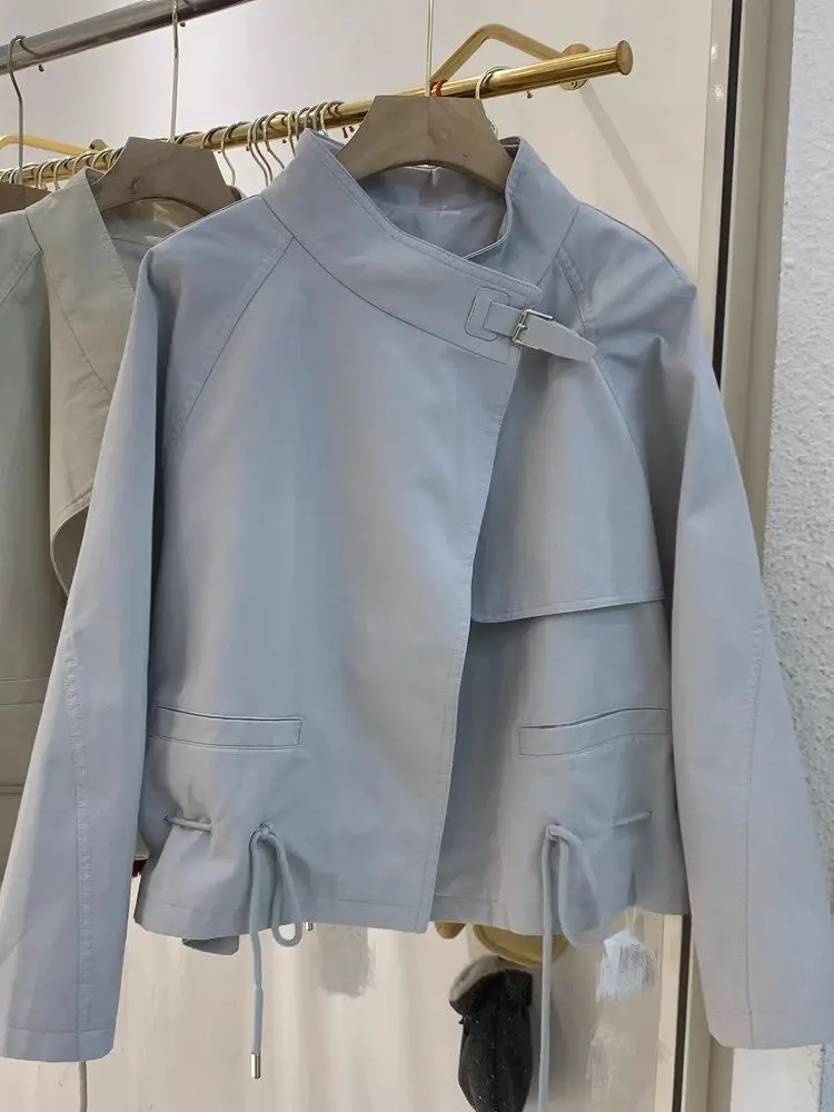 Drawstring Waist Stand Collar Short For Women, Spring And Autumn 2026 New Korean Version, Loose Fit, Slimming, Petite Casual