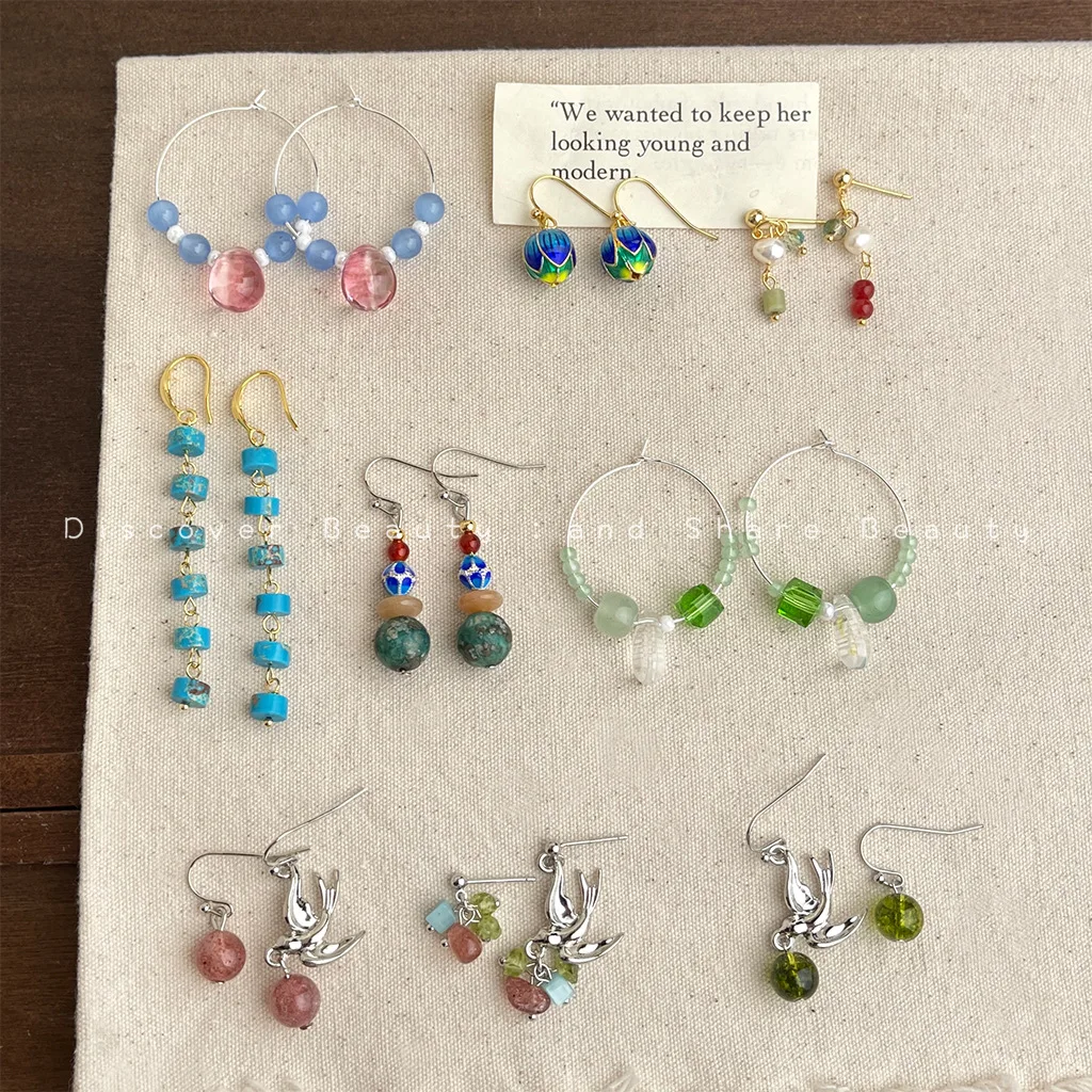 

DIY accessories "Landscape" New Chinese natural stone earrings, national style glass, crystal studs, literary and retro ethnic s