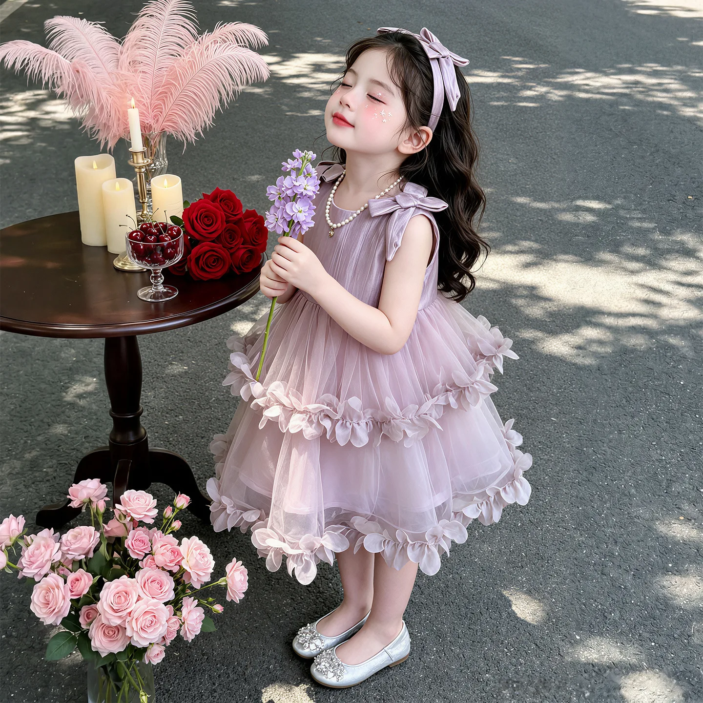 Girls' Purple Vine Petal Princess Yarn Skirt SummerChildren's Sleeveless Tank Top Cool Combed Cotton Cake Skirt Summer Dress