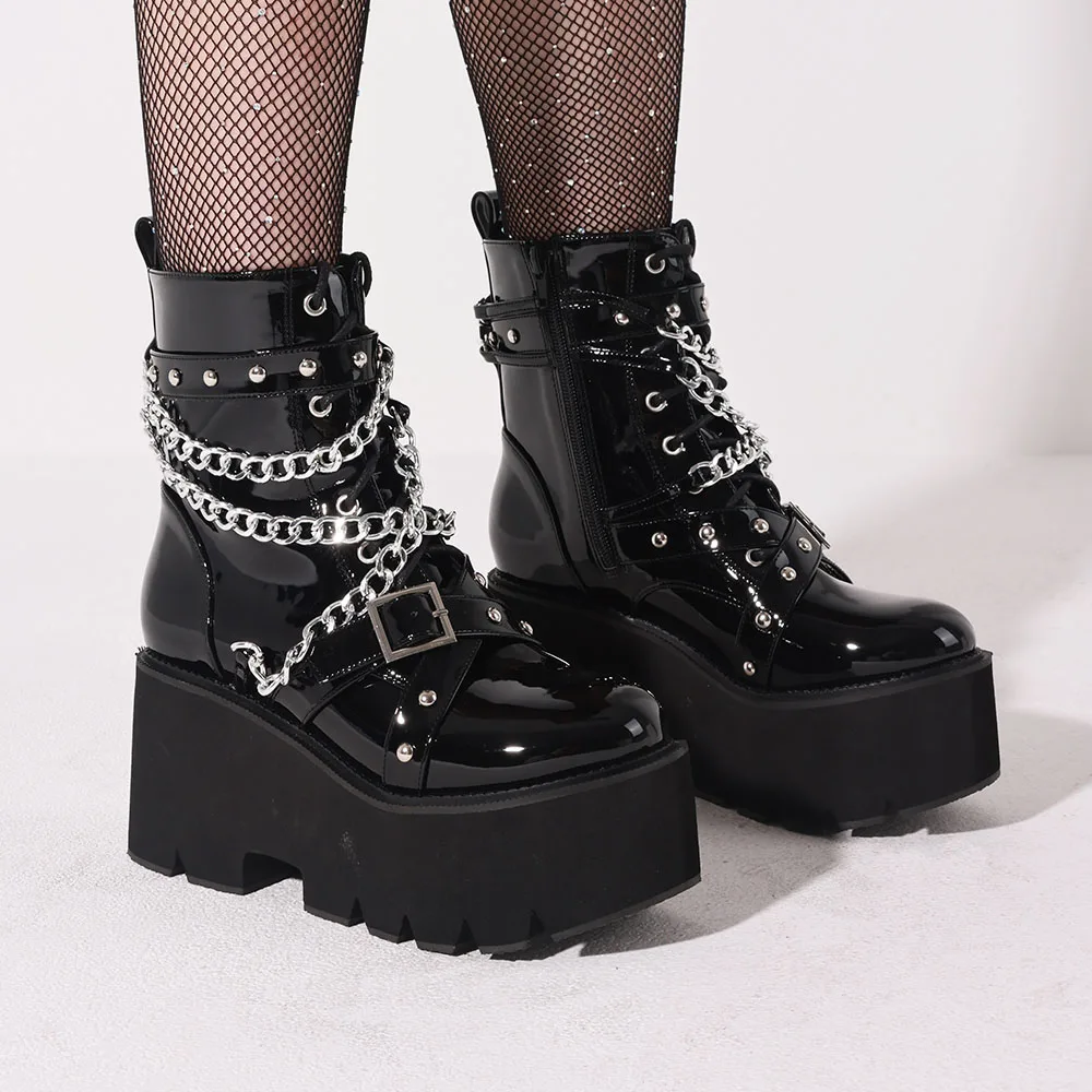 

Gothic Y2k Women'S Ankle Boots Platform Chunky High Heels Rivet Metal Chain Decor Thick Sole Motorcycle Short Boots For Women Fa
