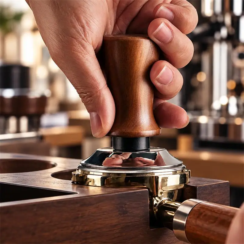 BIGE 30LB Spring Espresso Tamper Solid Wood Handle Stainless Steel Flat or Threaded Base 51mm 53mm 58mm
