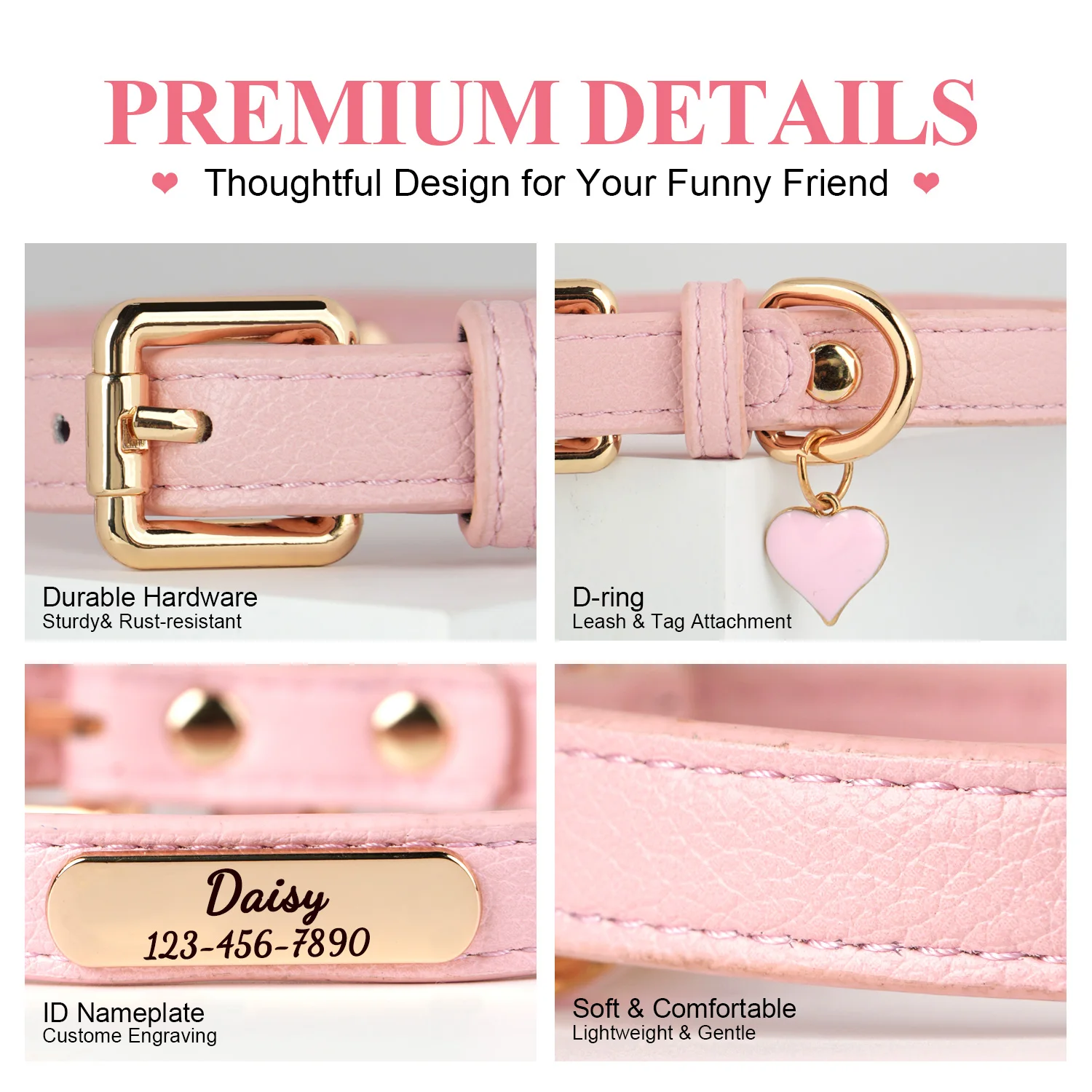 Luxury & Soft Leather Personalized Dog Collar and Pendant Pet Puppy Cat ID Nameplate Engraved for Small Medium Dogs